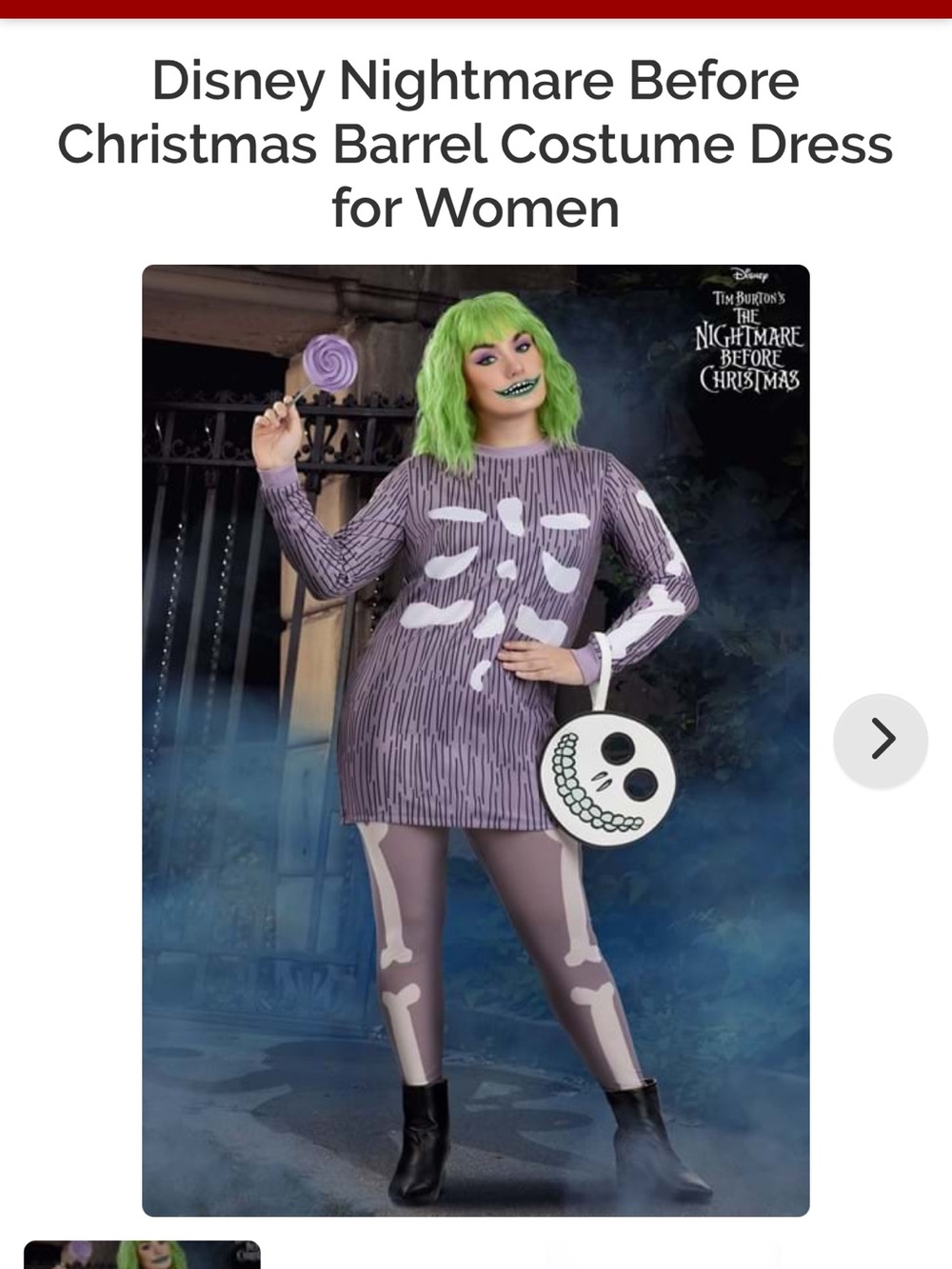 Disney Purple Barrel Skeleton Women’s Costume with Printed Bones/ wig included